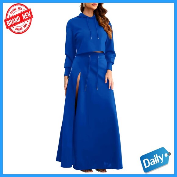 Cropped Hoodie Maxi Skirt Set Long Sleeve Loose Fit Pockets